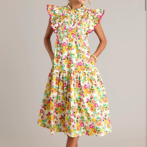entro | Dresses | Entro Yellow And Pink Ruffled Tiered Midi Dress ...